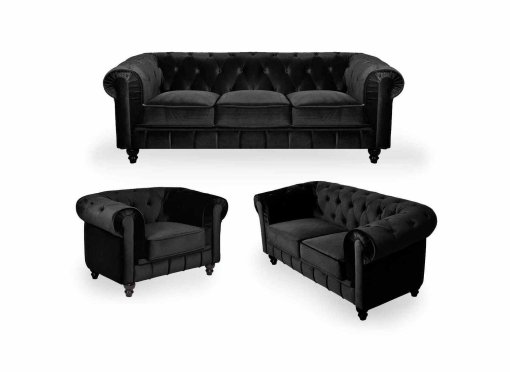 Ensemble 3+2+1 places noir en velours CHESTERFIELD