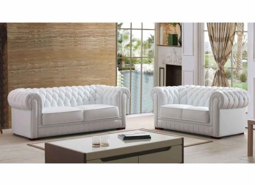 Ensemble capitonné en cuir blanc Chesterfield 3+2 places