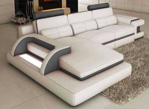 Canapé d'angle design cuir blanc et gris avec lumière IBIZA - Angle Gauche