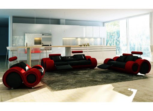 Ensemble canapé design relax en cuir noir et rouge OSLO