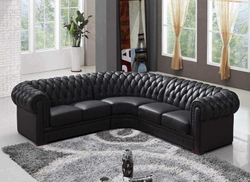 Canapé d'angle en cuir noir capitonné CHESTERFIELD