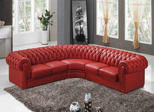 Canapé d'angle capitonné en cuir rouge Chesterfield