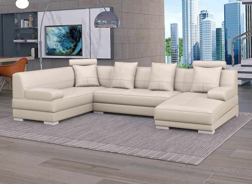 Canapé d'angle capitonné en cuir beige + méridienne NAPOLI - Angle Droit