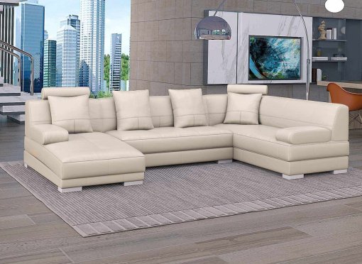 Canapé d'angle capitonné en cuir beige + méridienne NAPOLI - Angle Gauche