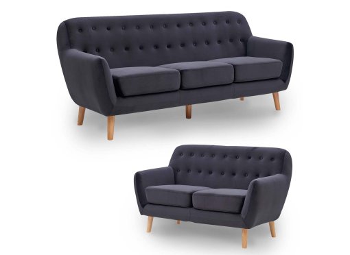 Ensemble canapé scandinave 3+2 places tissu velours noir VIKY