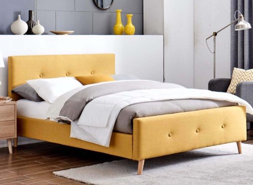 Lit scandinave en tissu capitonné jaune GREG 140x190 cm