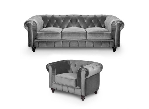 Ensemble canapé 3+1 place en velours gris Chesterfield