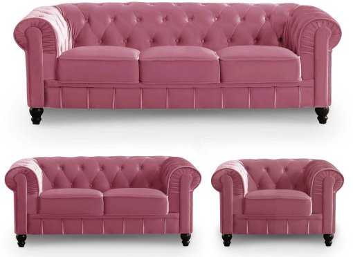 Ensemble de canapé 3+2+1 en velours rose CHESTERFIELD