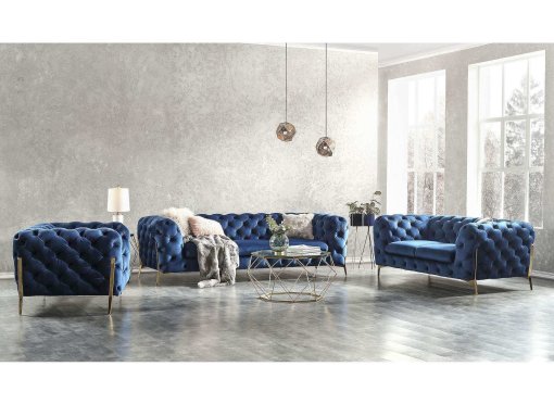 Ensemble canapé 3+2+1 places chesterfield velours bleu CARMEN
