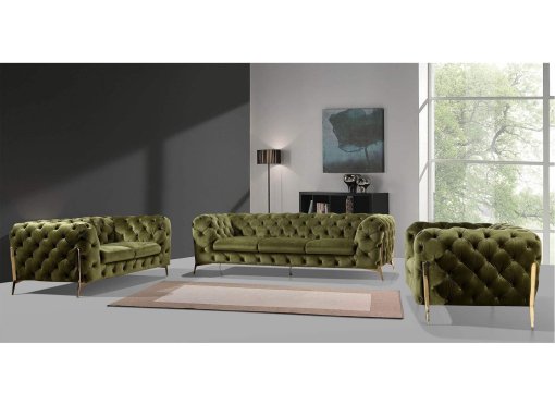 Ensemble canapé 3+2+1 places chesterfield velours vert kaki CARMEN