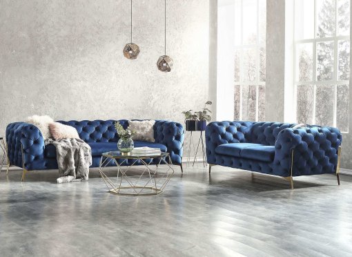 Ensemble canapé 3+2 places chesterfield velours bleu CARMEN