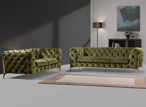 Ensemble canapé 3+2 places chesterfield velours vert kaki CARMEN