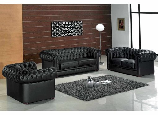 Ensemble capitonné en cuir noir Chesterfield 3+2+1 places