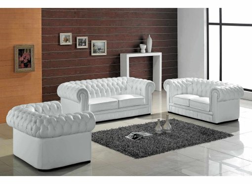 Ensemble capitonné en cuir blanc Chesterfield 3+2+1 places