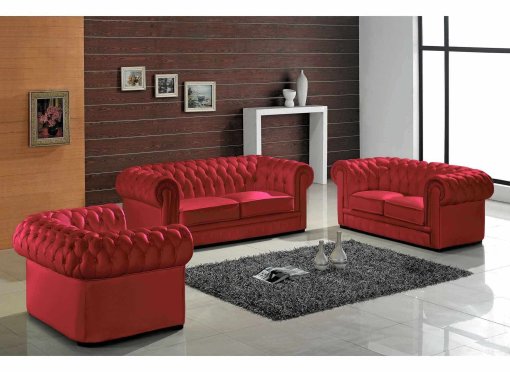 Ensemble capitonné en cuir rouge Chesterfield 3+2+1 places