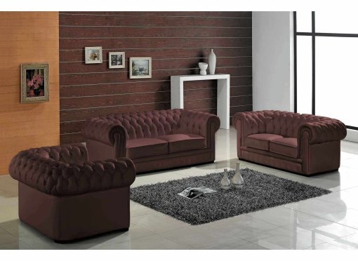 Ensemble capitonné en cuir marron Chesterfield 3+2+1 places