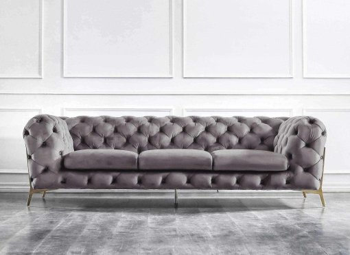 Canapé 3 places capitonné chesterfield velours gris CARMEN