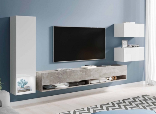 Meuble TV contemporain gris béton et blanc laqué avec LED - AMANDA