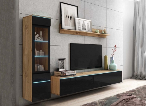 Meuble TV contemporain chêne et noir laqué avec LED - VERONICA