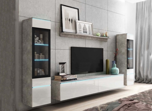 Meuble TV contemporain gris béton et blanc laqué avec LED - VERONICA XL