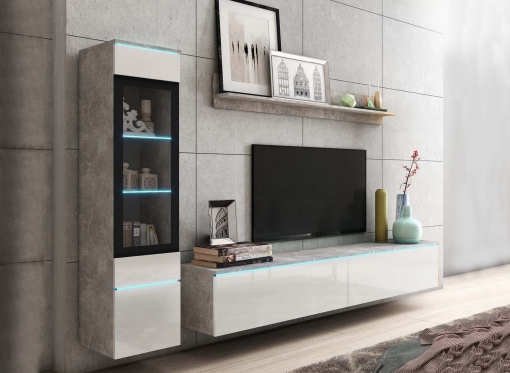 Meuble TV contemporain gris béton et blanc laqué avec LED - VERONICA