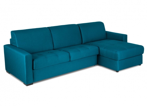 Canapé d'angle réversible convertible LOUNA en tissu bleu pétrole avec coffre de rangement
