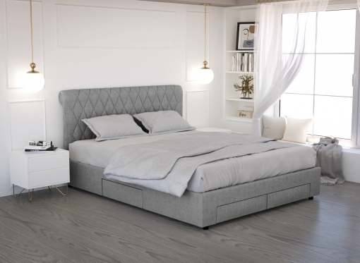 Lit coffre avec 4 tiroirs en lin gris 160x200 cm LEANDRE