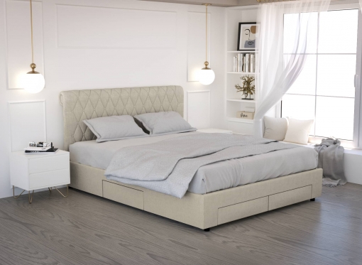 Lit coffre avec 4 tiroirs en lin beige 160x200 cm LEANDRE