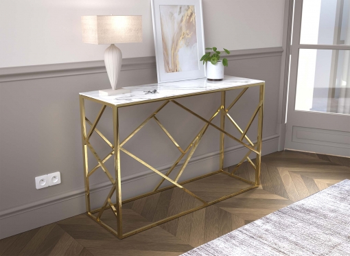 Console design en verre effet marbre et métal doré DELTA
