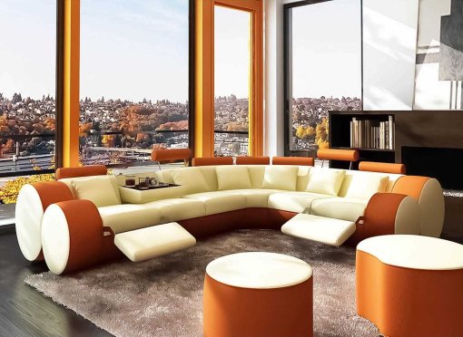 Canapé d'angle cuir beige et orange + positions relax ROMA - Angle Droit