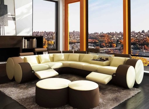 Canapé d'angle cuir beige et marron + positions relax ROMA - Angle Gauche