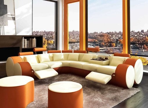 Canapé d'angle cuir beige et orange + positions relax ROMA - Angle Gauche