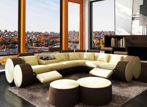 Canapé d'angle cuir beige et marron + positions relax ROMA - Angle Droit