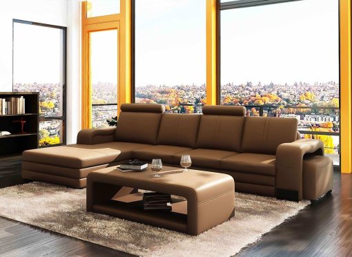 Canapé d'angle gauche méridienne marron camel design en cuir HAVANE