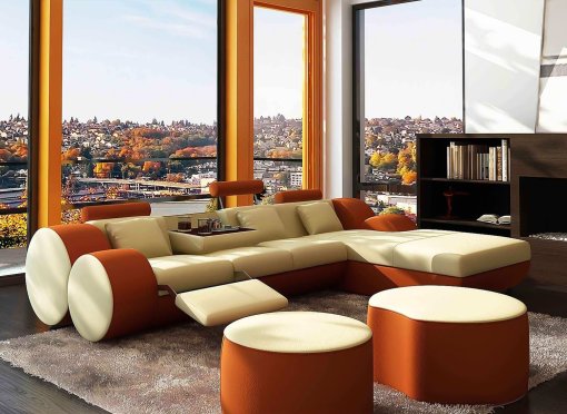 Canapé d'angle relax cuir beige et orange RIMA - Angle Droit