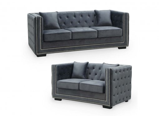 Ensemble canapé 3+2 places capitonné chesterfield design en velours gris CUBE
