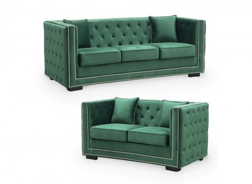 Ensemble canapé 3+2 places capitonné chesterfield design en velours vert CUBE