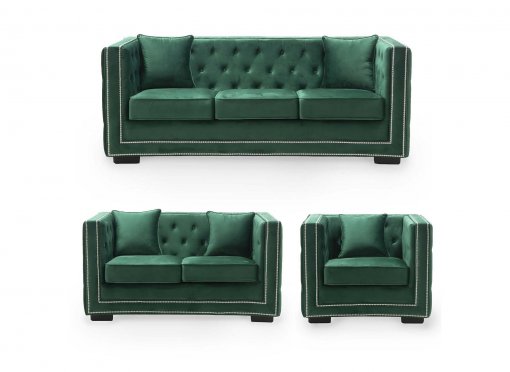 Ensemble canapé 3+2+1 places capitonné chesterfield design en velours vert CUBE