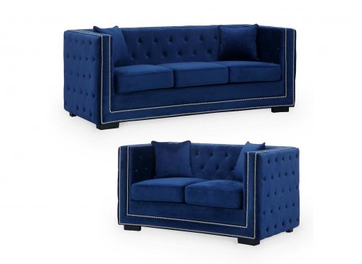 Ensemble canapé 3+2 places capitonné chesterfield design en velours bleu CUBE