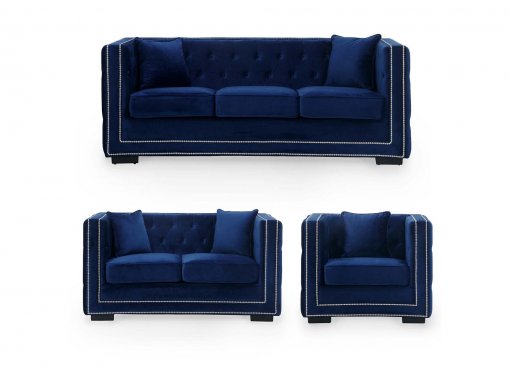 Ensemble canapé 3+2+1 places capitonné chesterfield design en velours bleu CUBE