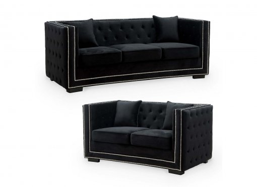 Ensemble canapé 3+2 places capitonné chesterfield design en velours noir CUBE