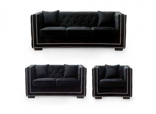 Ensemble canapé 3+2+1 places capitonné chesterfield design en velours noir CUBE