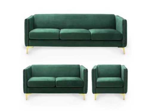 Ensemble canapé 3+2+1 places en velours vert CYNTHIA