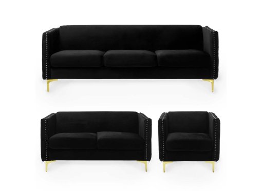 Ensemble canapé 3+2+1 places en velours noir CYNTHIA