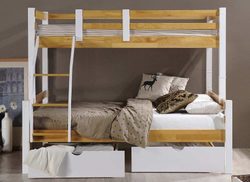 Lit superposé 3 places 90x190 cm et 140x190 cm avec rangements en bois et blanc ARMAND