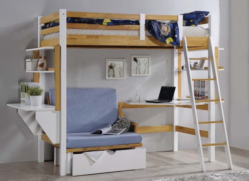 Lit mezzanine 90x190 cm avec bureau chauffeuse et rangements en bois et blanc ARMAND