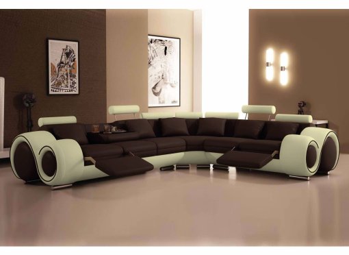 Canapé d'angle cuir beige et marron + positions relax OSLO - Angle Droit