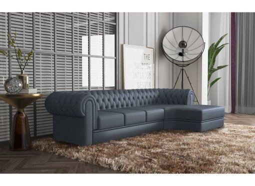 Canapé d'angle méridienne en cuir gris capitonné CHESTERFIELD - Angle Droit