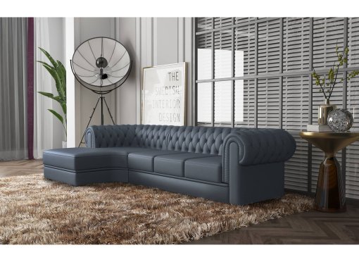 Canapé d'angle méridienne en cuir gris capitonné CHESTERFIELD - Angle Gauche