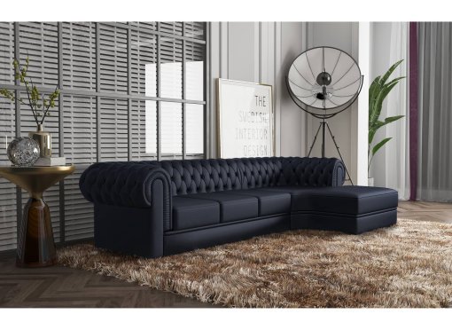 Canapé d'angle méridienne en cuir noir capitonné Chesterfield - Angle Droit